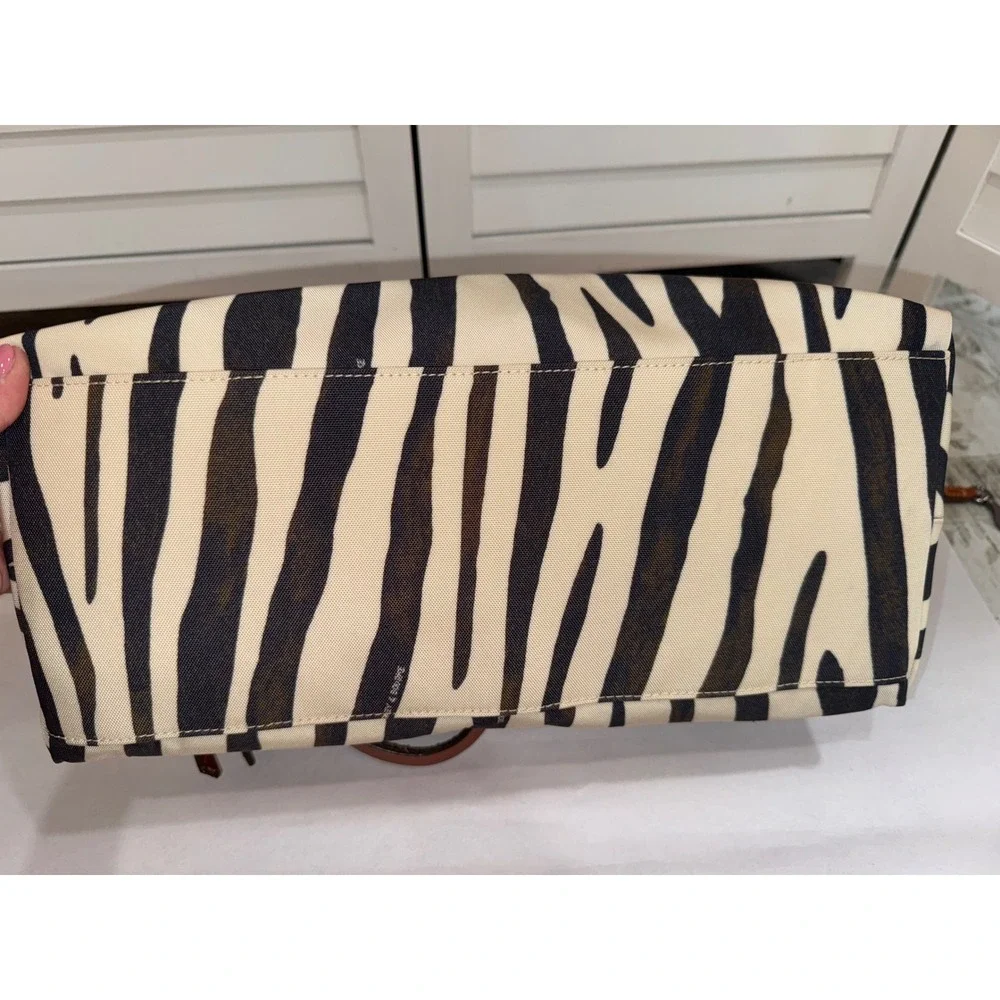 Dooney & Bourke Zebra Print Canvas Satchel Women Tan Black Leather Trim Medium